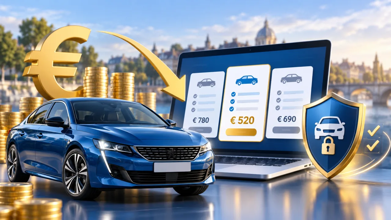 Illustration assurance automobile : assurance voiture moins chère en ligne : économies sans sous-assurance